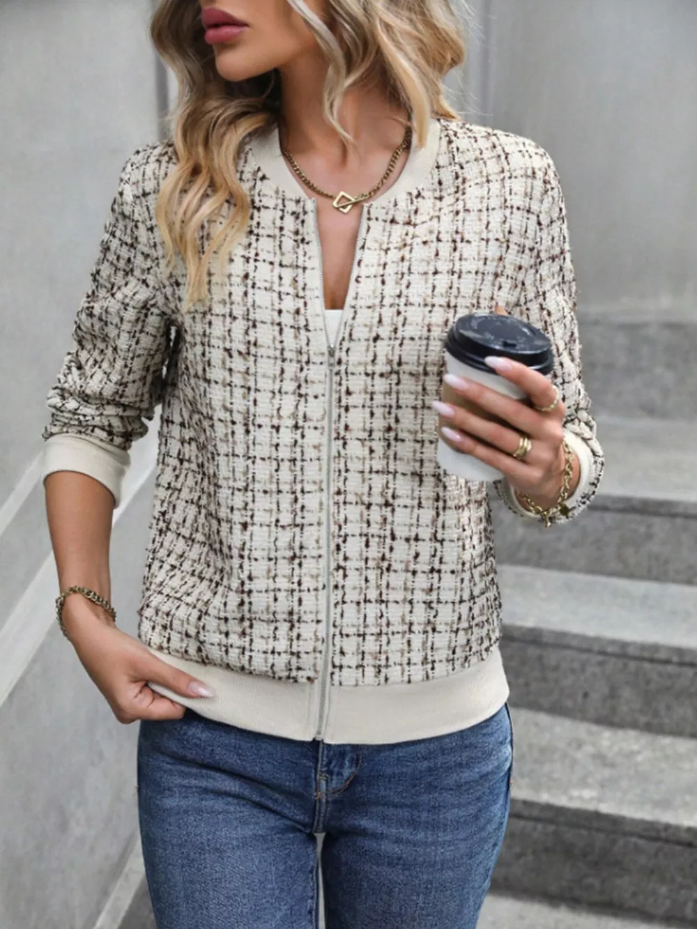 Tweed Zip Up Bomber Jacket, image 4