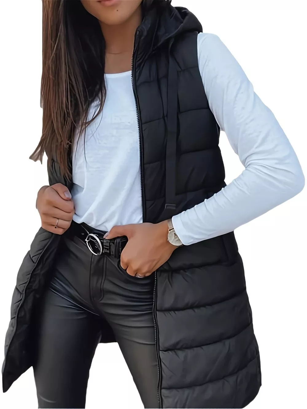 Zip Up Longline Hooded Puffer Vest Coat, image 11