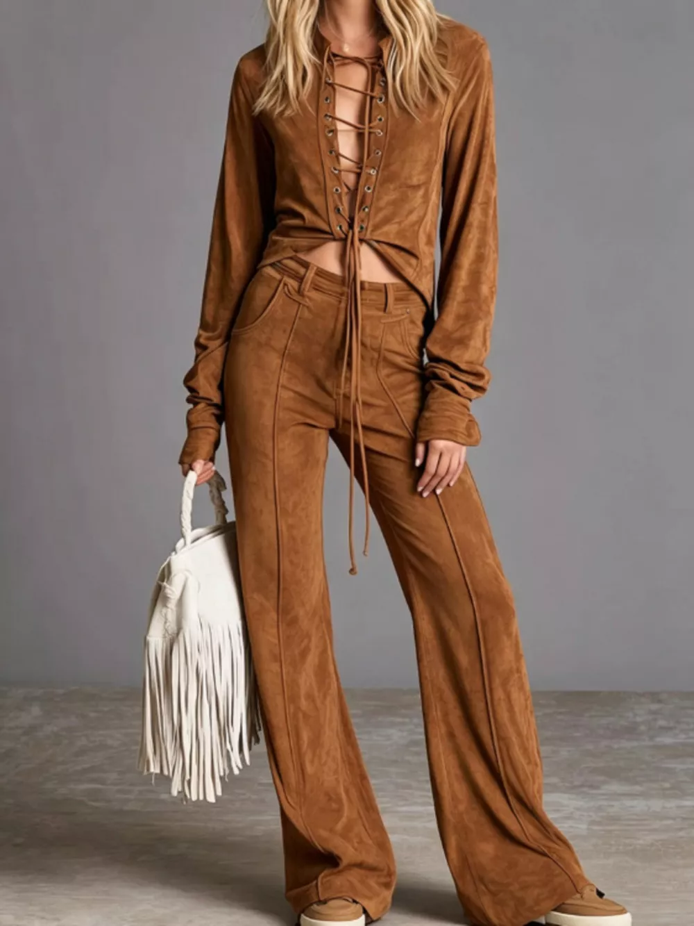 Full Size Lace-Up Long Sleeve Top and Wide-Leg Pants Set Plus Size, image 6