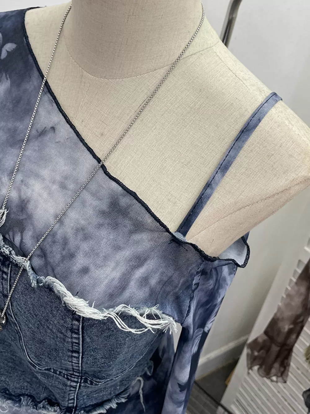 Asymmetrical Neck Denim Patchwork Top, image 4