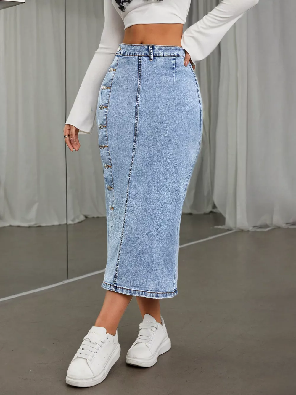 Side Button Slit Denim Midi Skirt, image 2