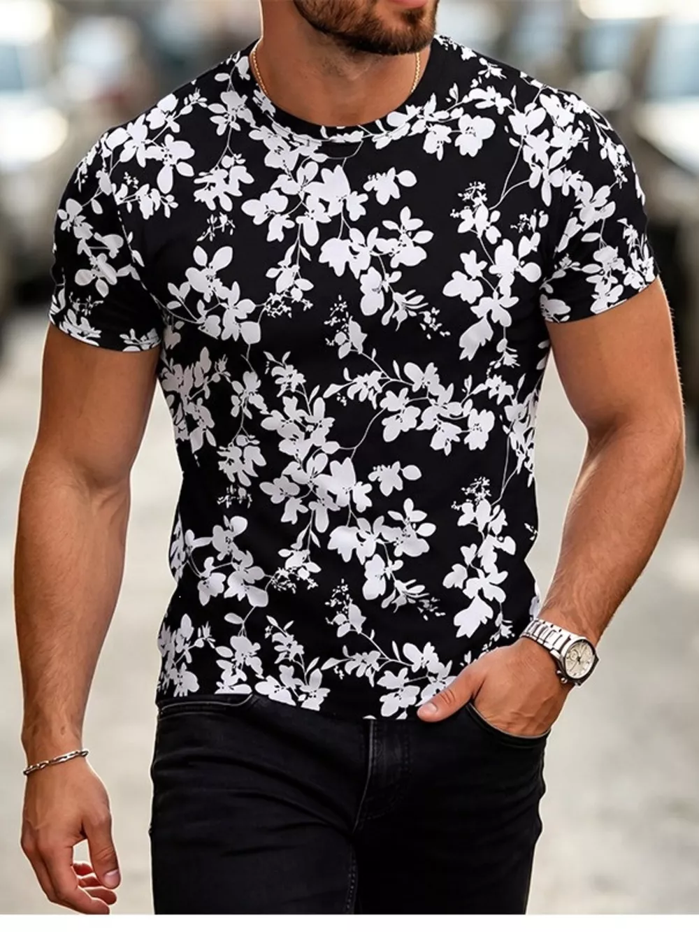 Men's Plus Size Floral Print Slim Fit T-Shirt, image 8