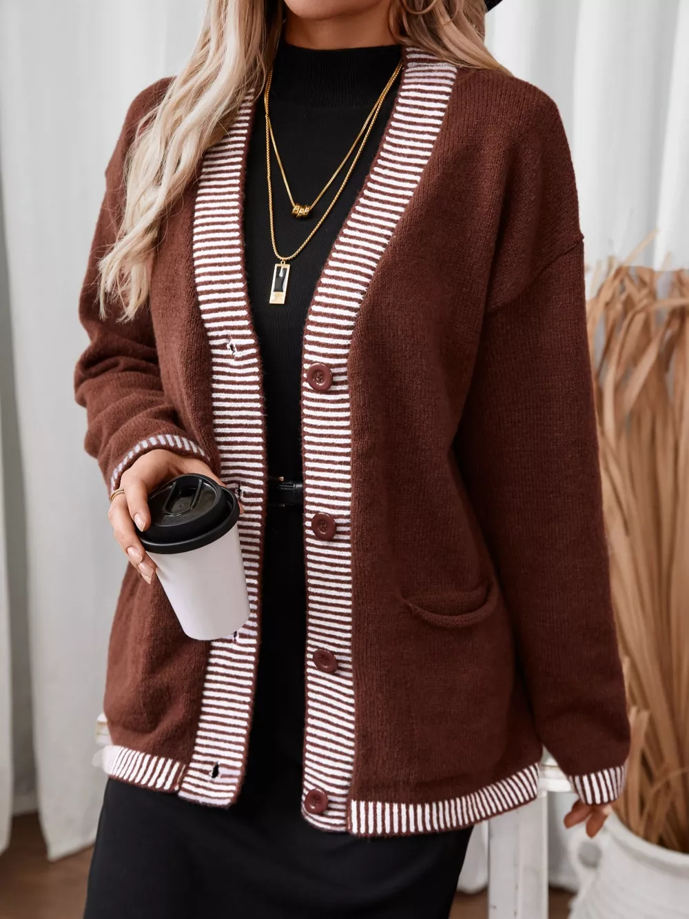 Striped Trim Button Front Pocket Knit Cardigan, image 6