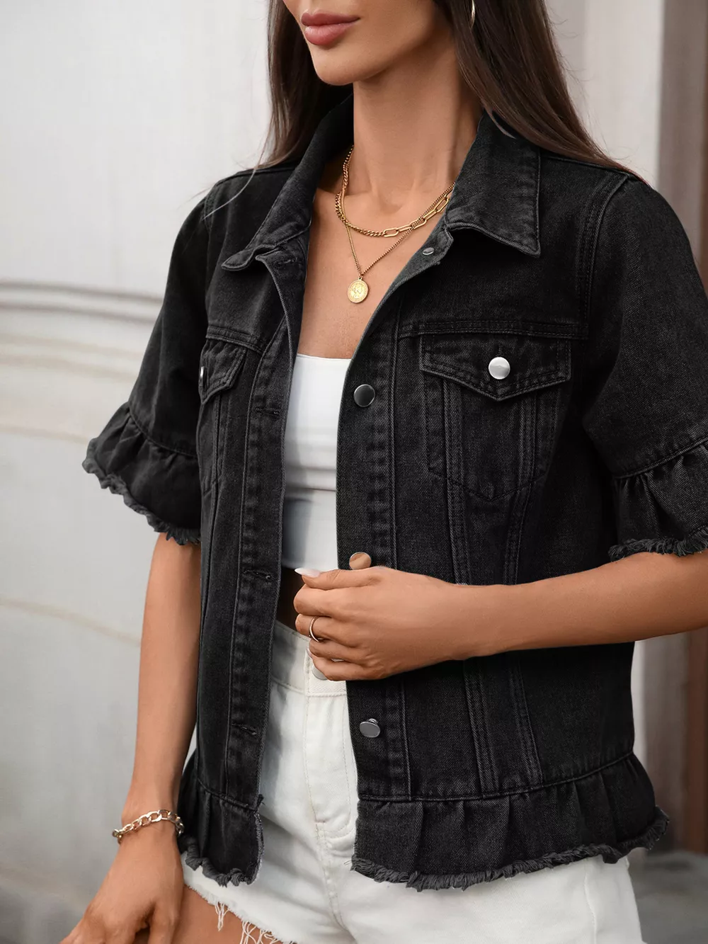 Raw Hem Button Up Denim Jacket, image 7
