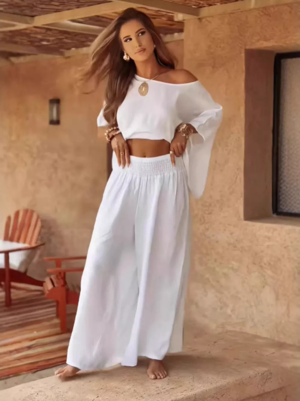 Full Size Boat Neck Top and Wide Leg Pants Set Plus Size, image 16