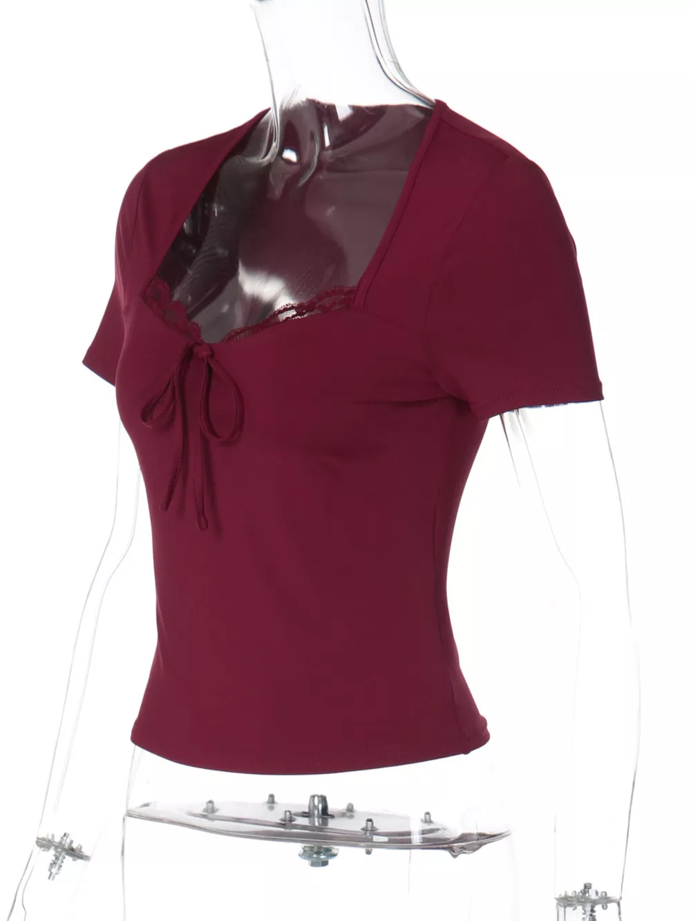 Sweetheart Neck Lace Trim Tie-Front T-Shirt, image 16