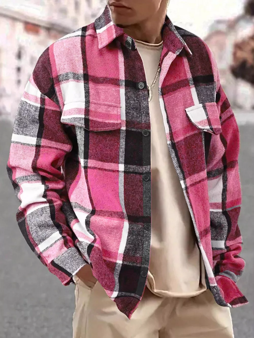 Men's Full Size Casual Plaid Button Up Shirt with Dual Chest Pockets Plus Size, image 4