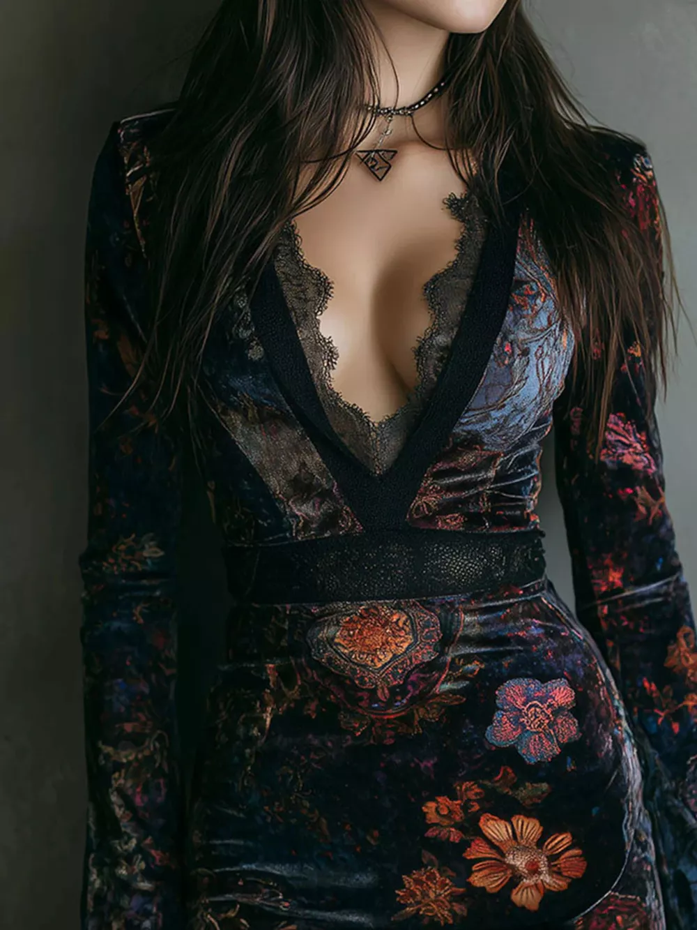 Lace Detail Floral Velvet Mini Dress, image 3