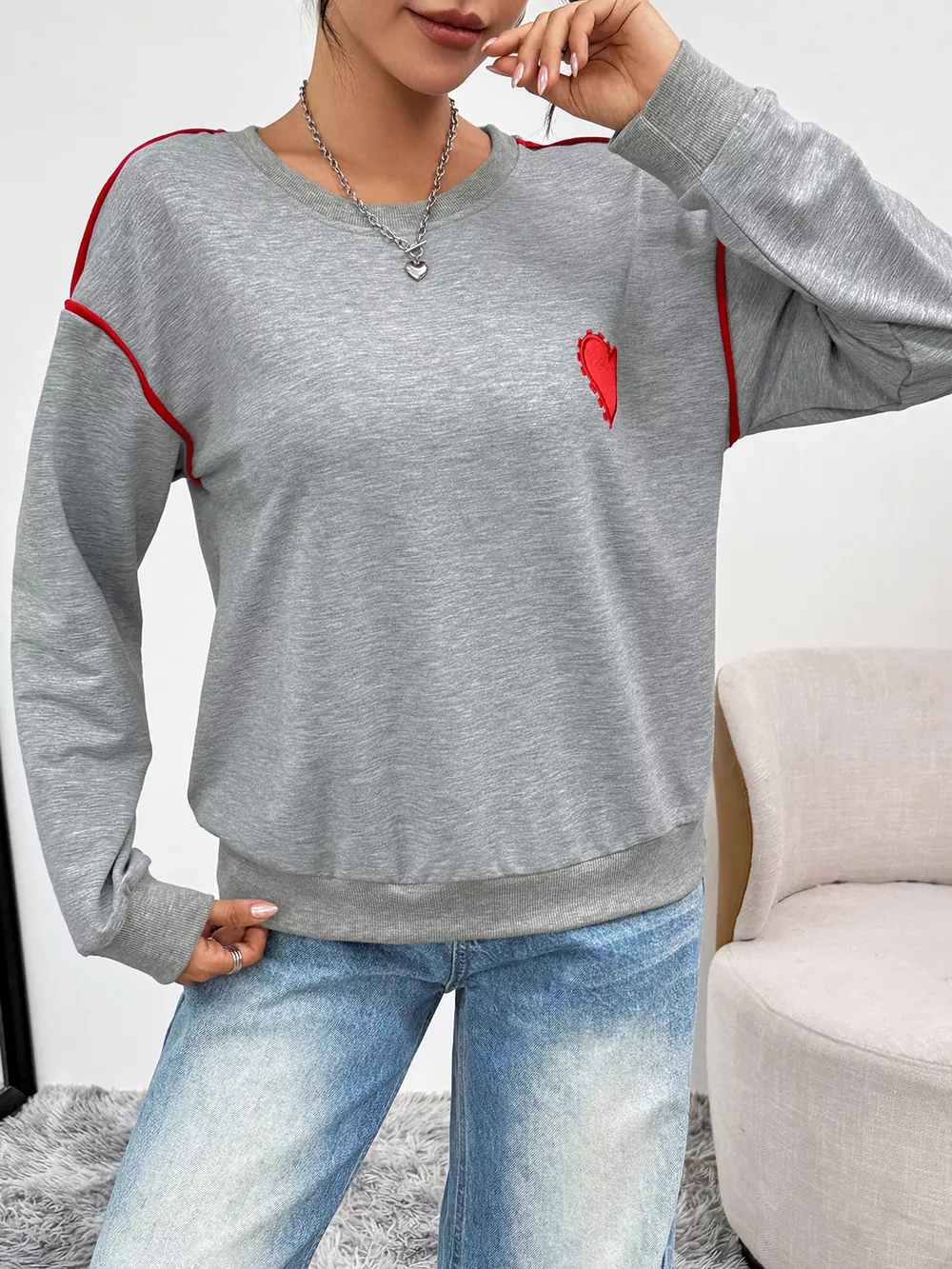 Heart Embroidered Round Neck Sweatshirt, image 7