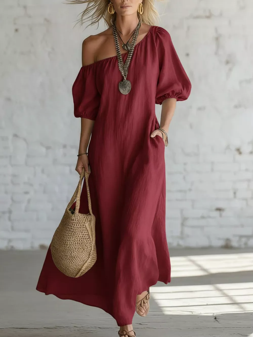 One-Shoulder Puff Sleeve Maxi Dress, image 3
