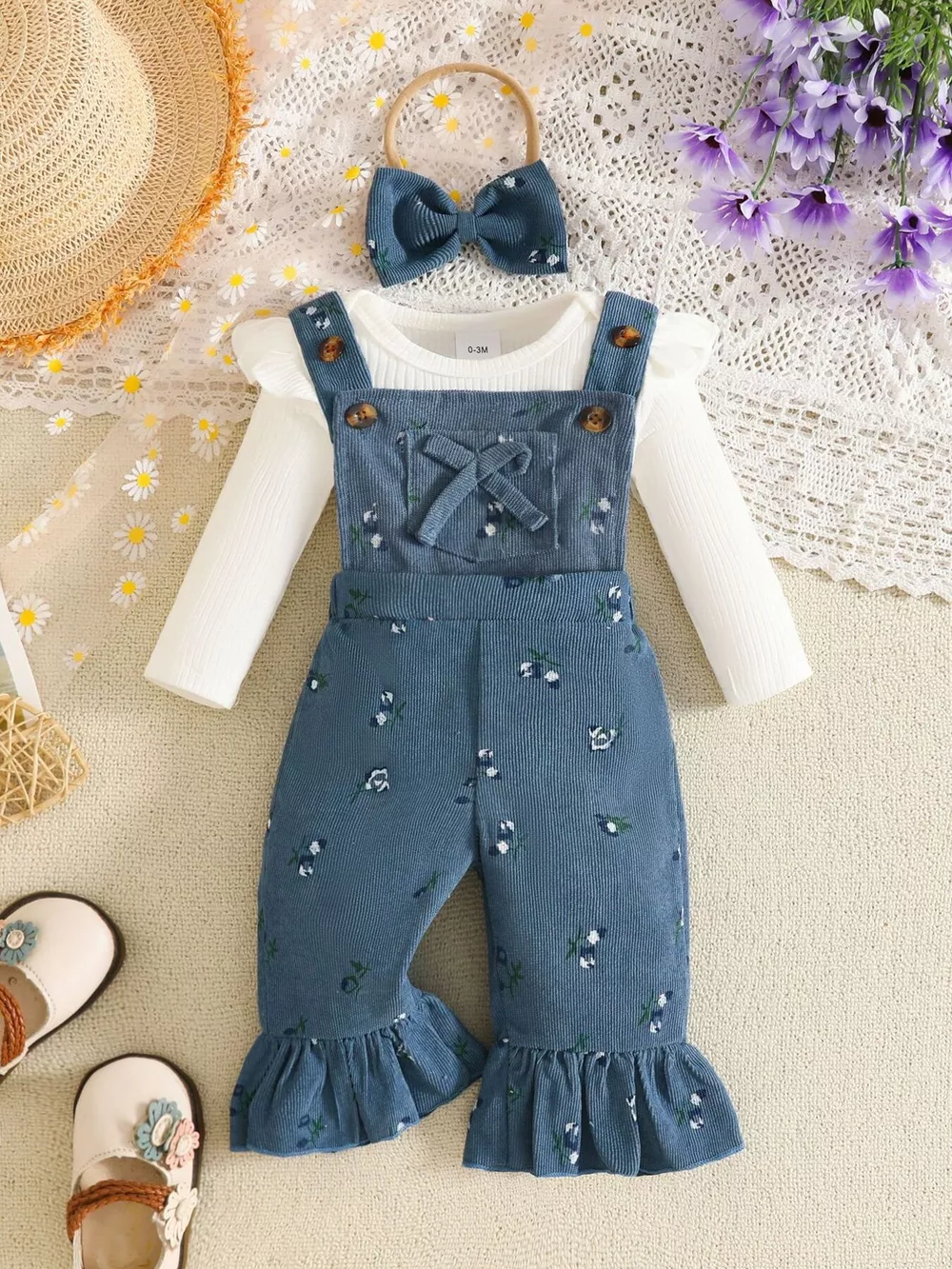 Children's Ribbed Bodysuit and Overalls Set with Headband, image 5