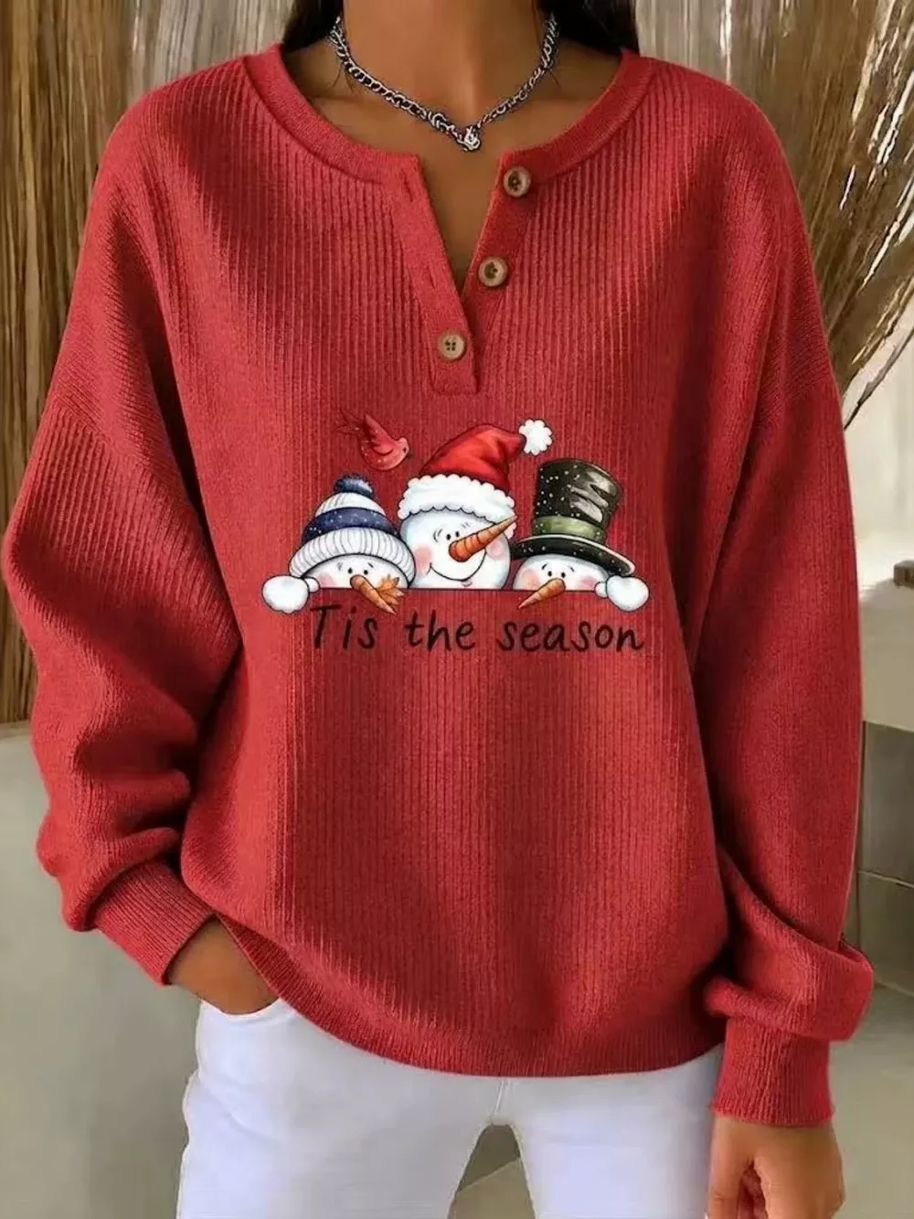 Full Size Christmas Themed Snowman Graphic Ribbed Henley Sweatshirt Plus Size, image 3