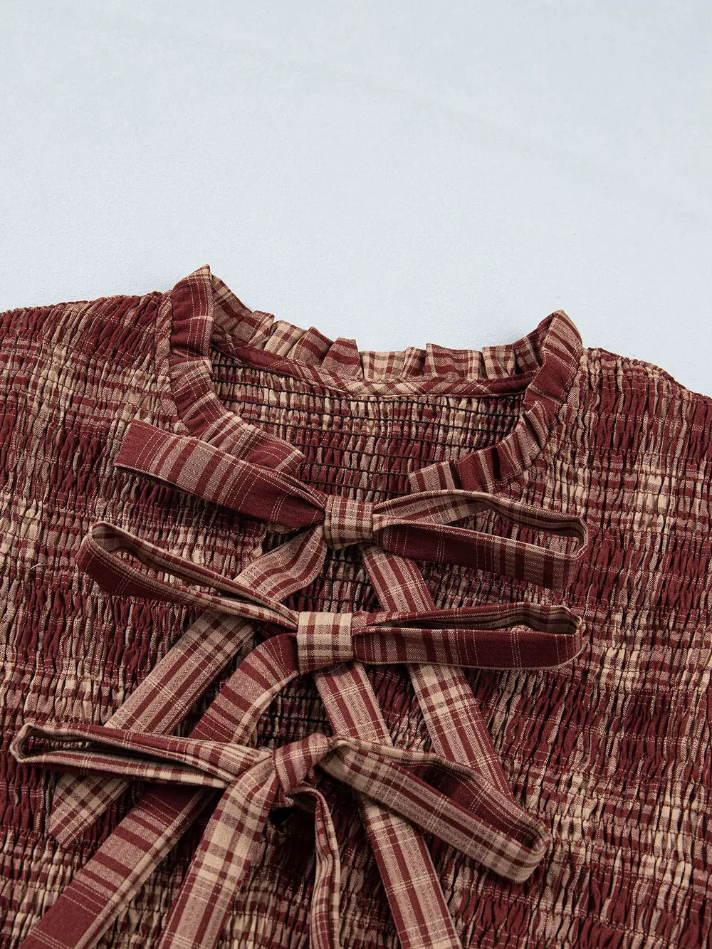 Plaid Knot Front Smocked High Waist Midi Dress, image 9