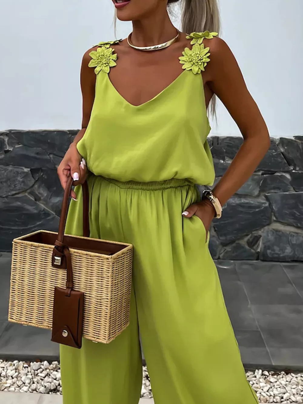 Floral Applique V-Neck Wide Leg Jumpsuit, image 11