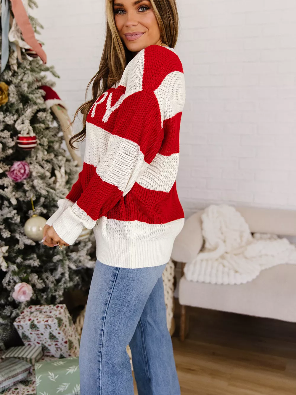 Stripe MERRY Drop Shoulder Long Sleeve Christmas Sweater, image 7