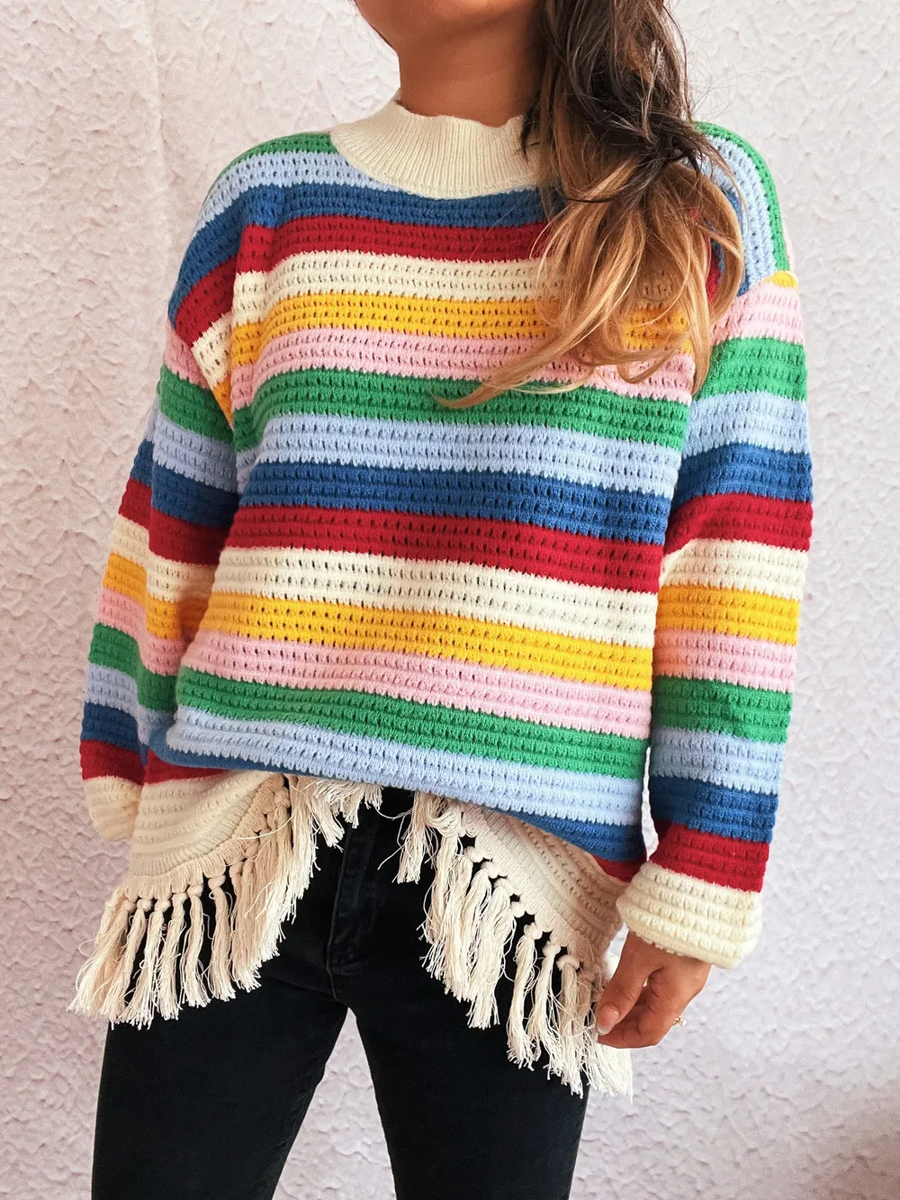 Tassel Rainbow Striped Long Sleeve Sweater, image 5
