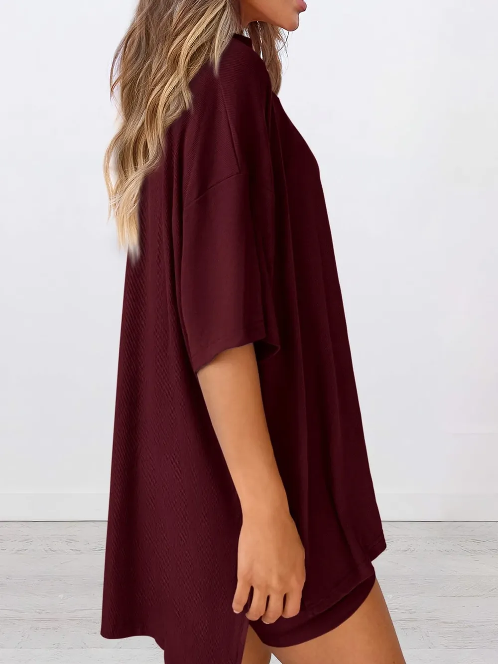 Full Size Oversized Slit Round Neck Top and Shorts Lounge Set Plus Size, image 14