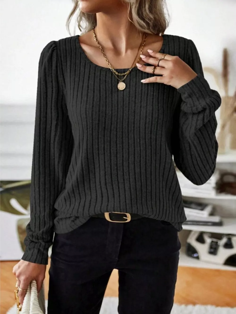 Ribbed Knit Long Sleeve T-Shirt, image 25