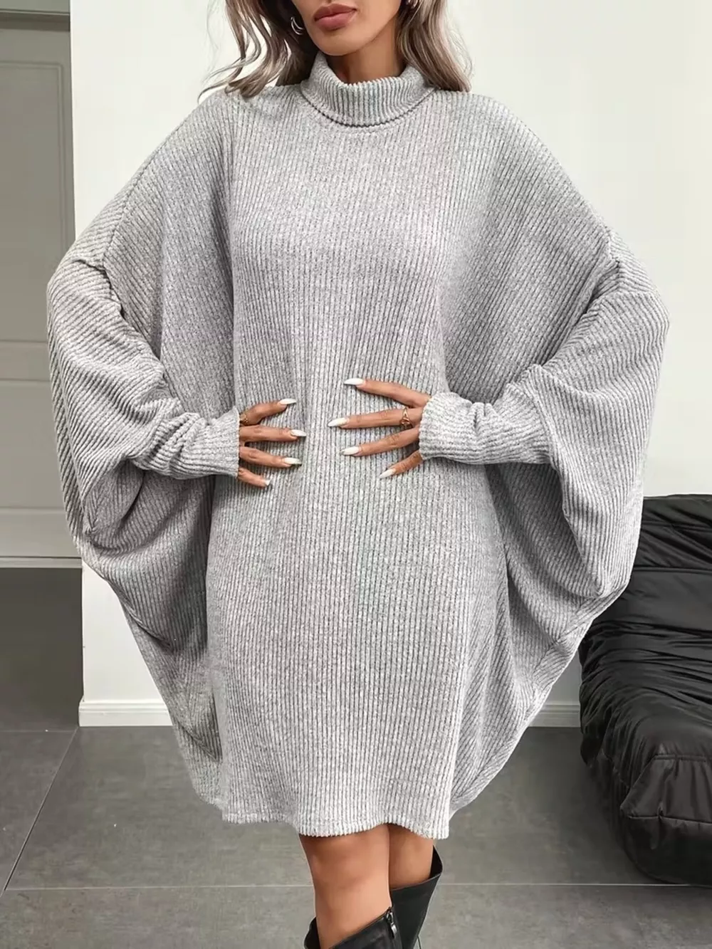 Oversized Batwing Sleeve Ribbed Knit Turtleneck Dress, image 3