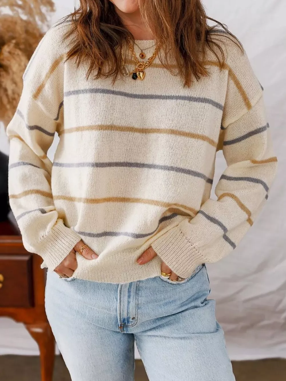 Striped Round Neck Drop Shoulder Sweater, image 6