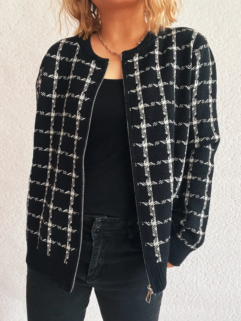 Plaid Pattern Zip Up Cardigan, image 11