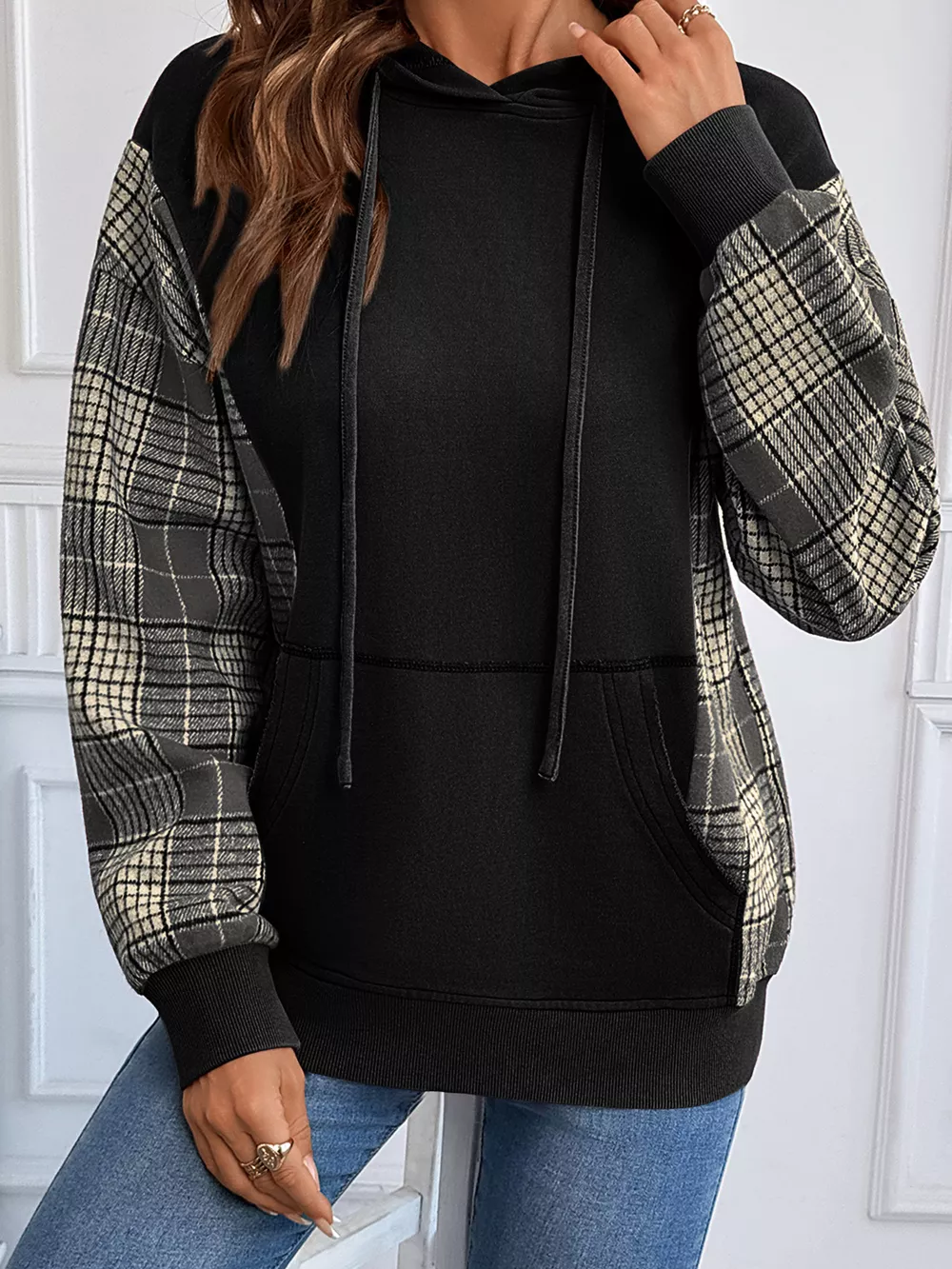 Plaid Sleeve Drawstring Pocket Hoodie, image 17