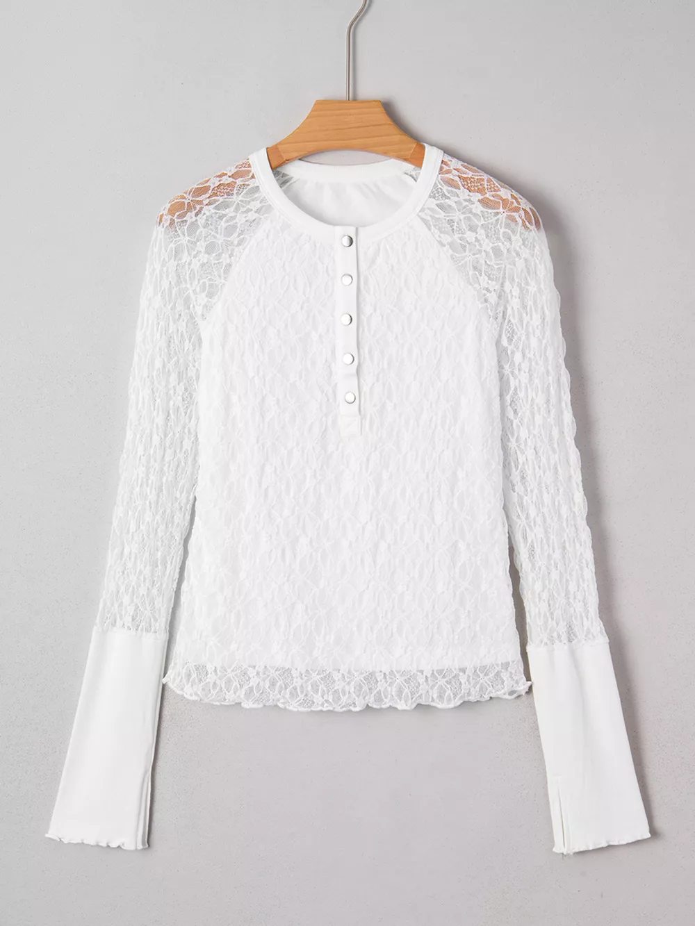 Sheer Lace Long Sleeve Slim Henley Top, image 11