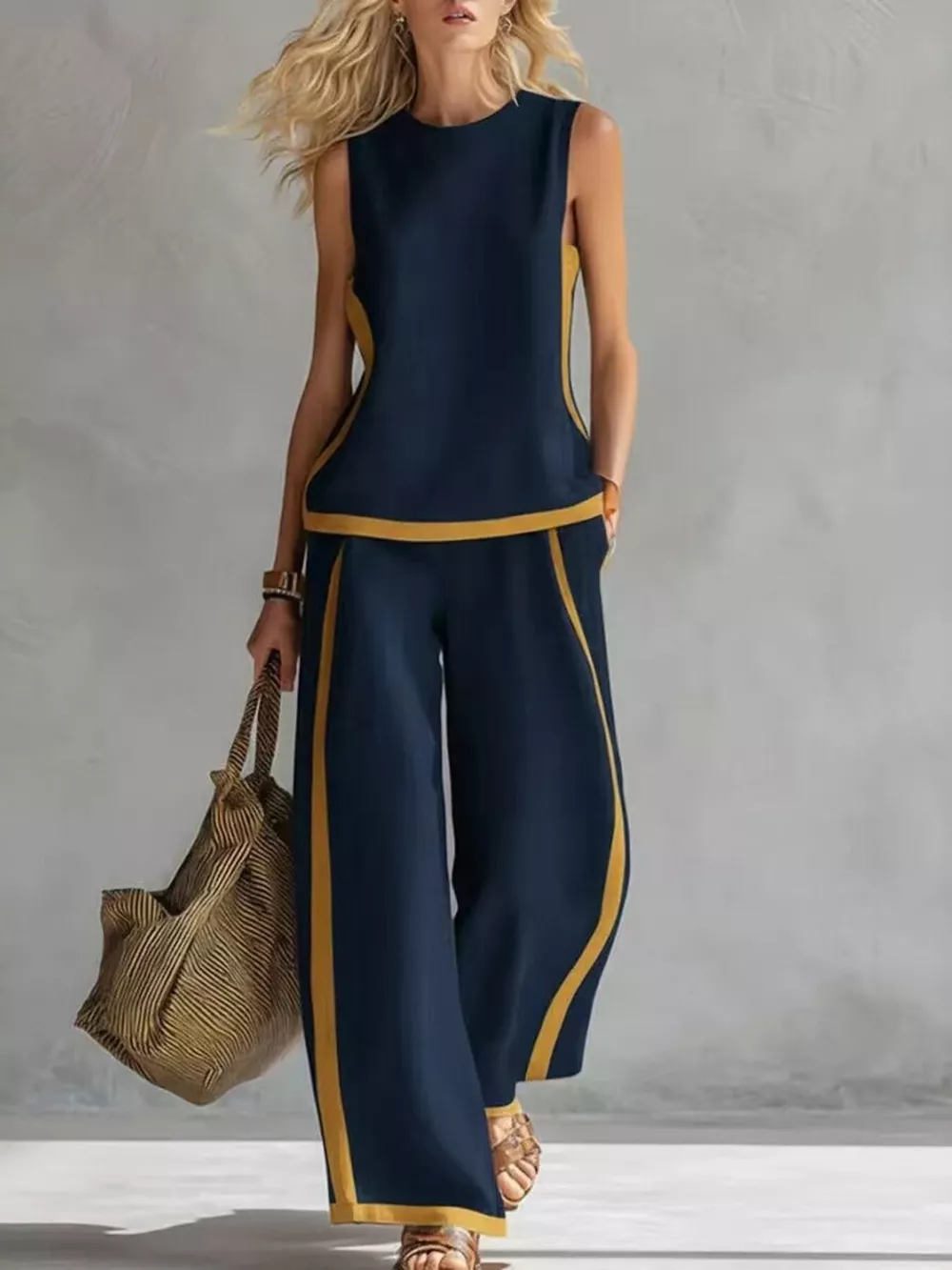 Full Size Contrast Stripe Sleeveless Top & Wide-Leg Pants Set Plus Size, image 7