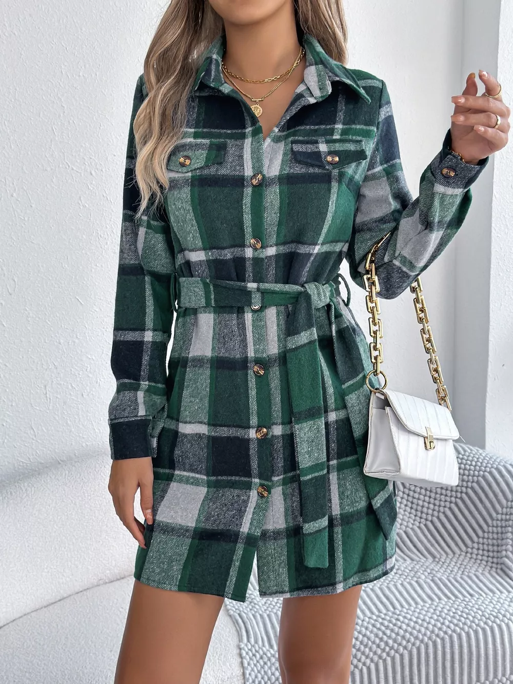 Plaid Button Front Tie Waist Shirt Dress, image 8