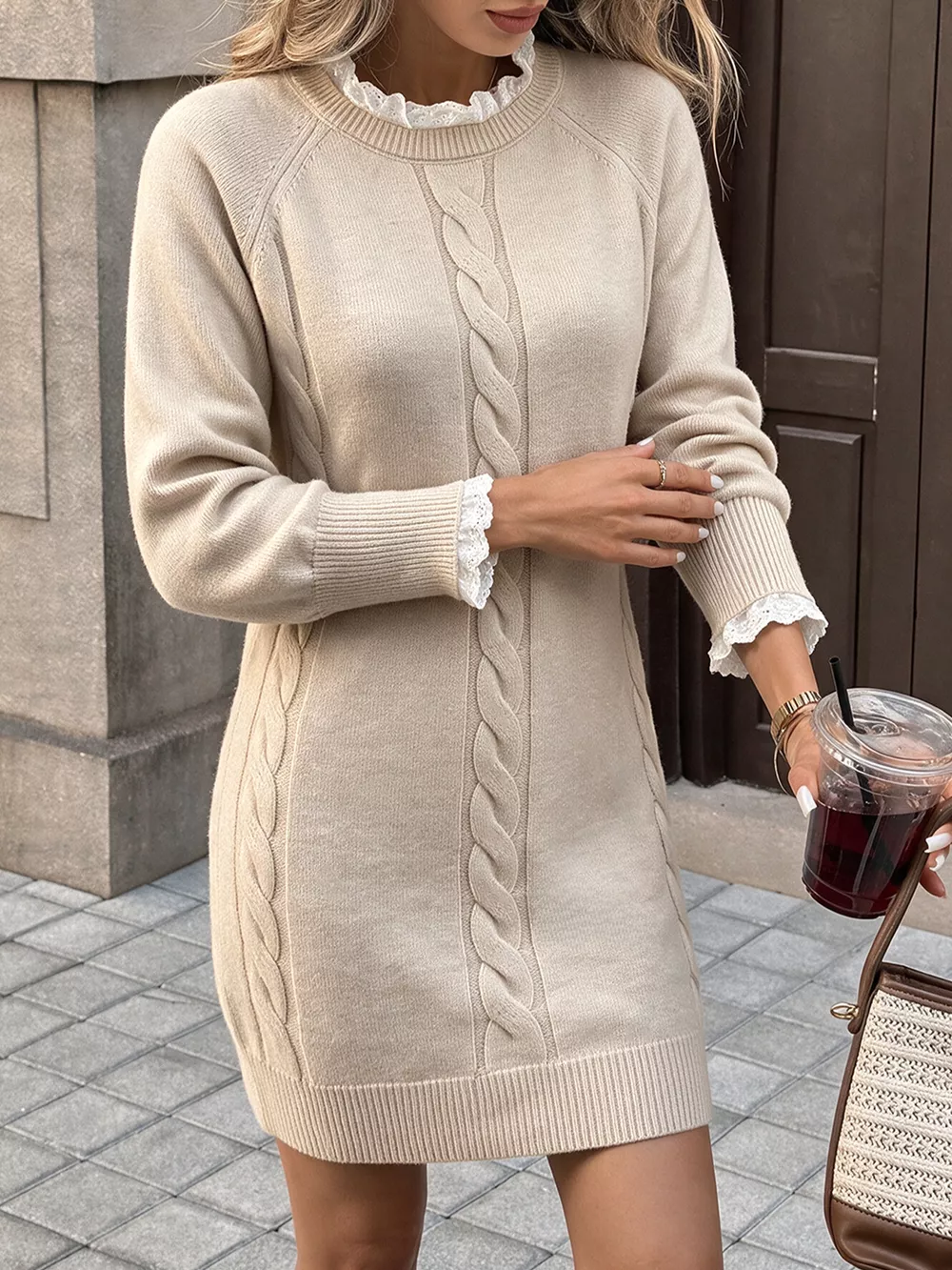 Cable Knit Raglan Sleeve Sweater Dress, image 3