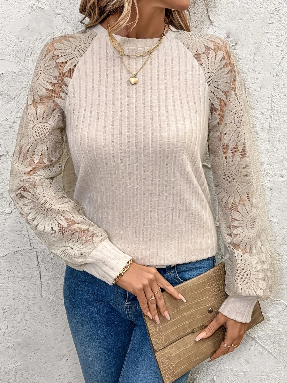 Ribbed Sheer Lace Sleeve Top, image 4