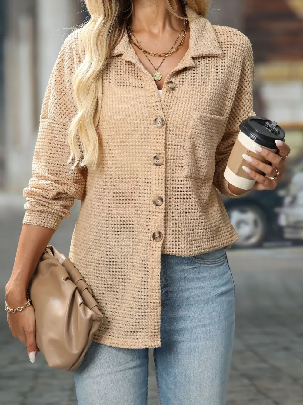 Waffle Knit Button-Down Shirt, image 2