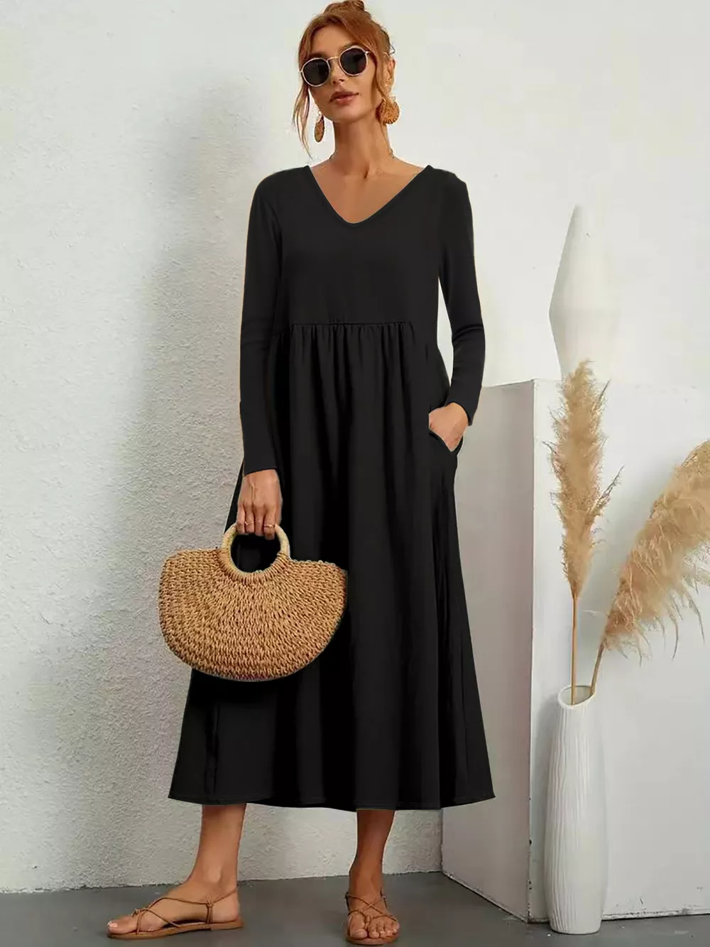 V-Neck Long Sleeve Pocketed Midi Dress, image 2