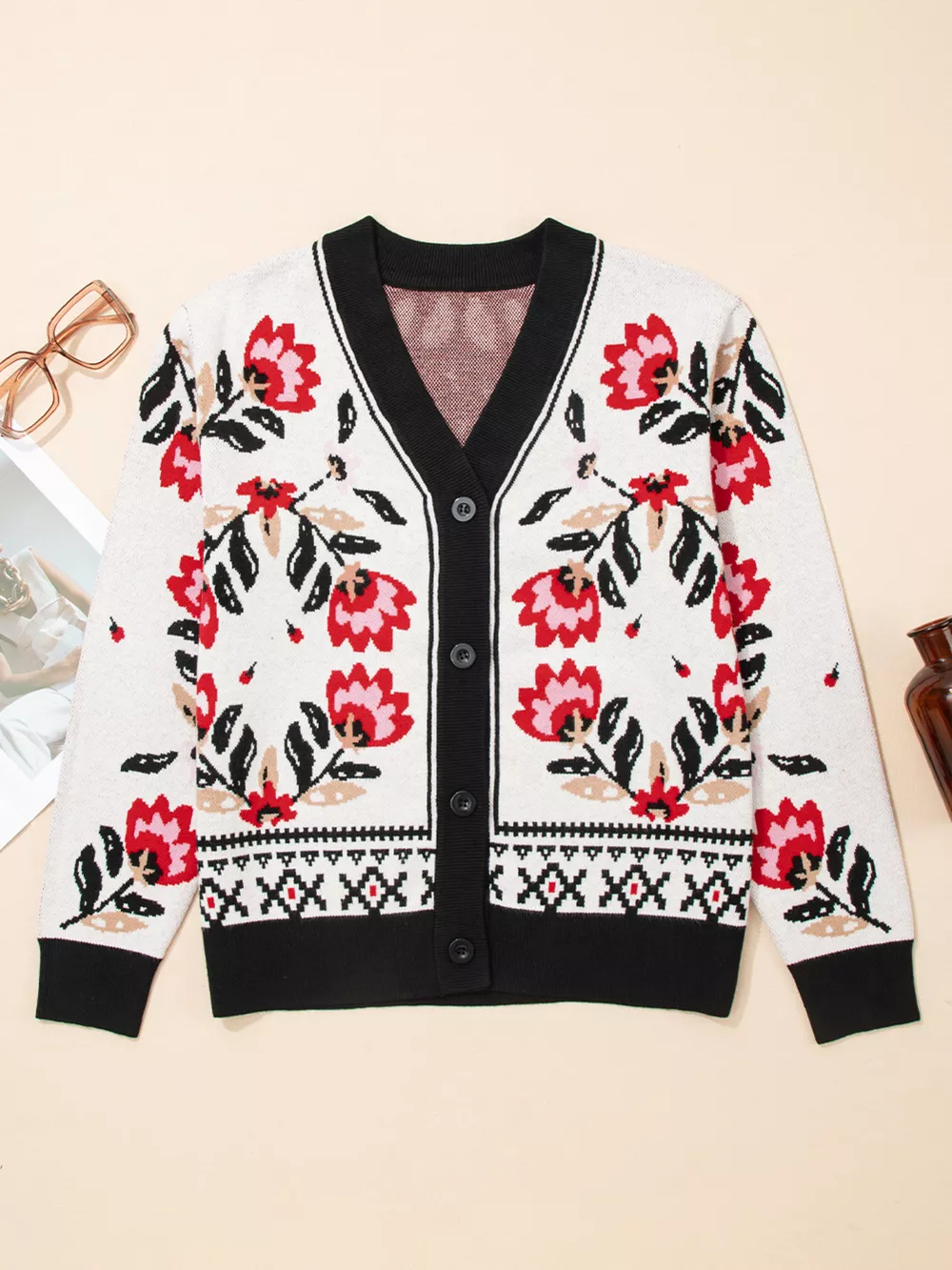 Floral Button Down Cardigan with Geometric Border, image 6