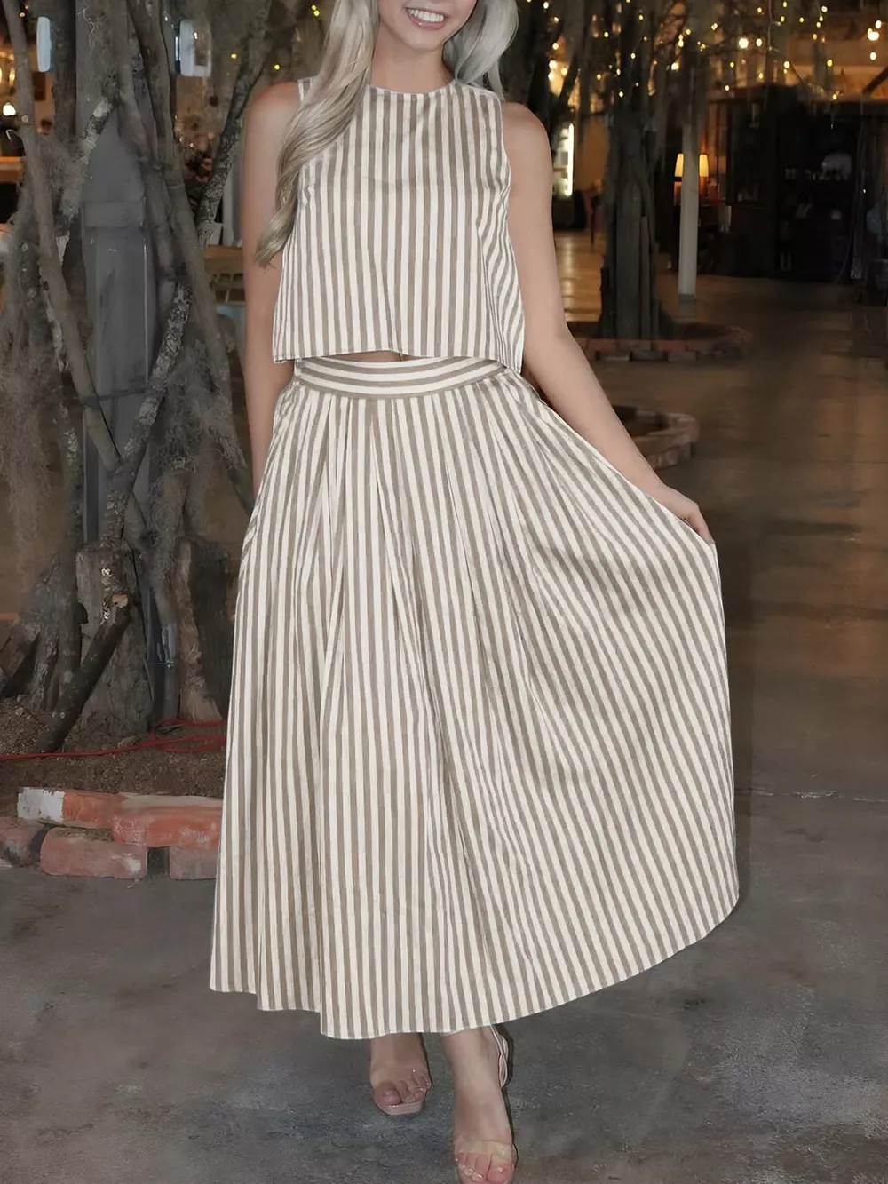 Striped Sleeveless Top and Midi Skirt Set, image 11