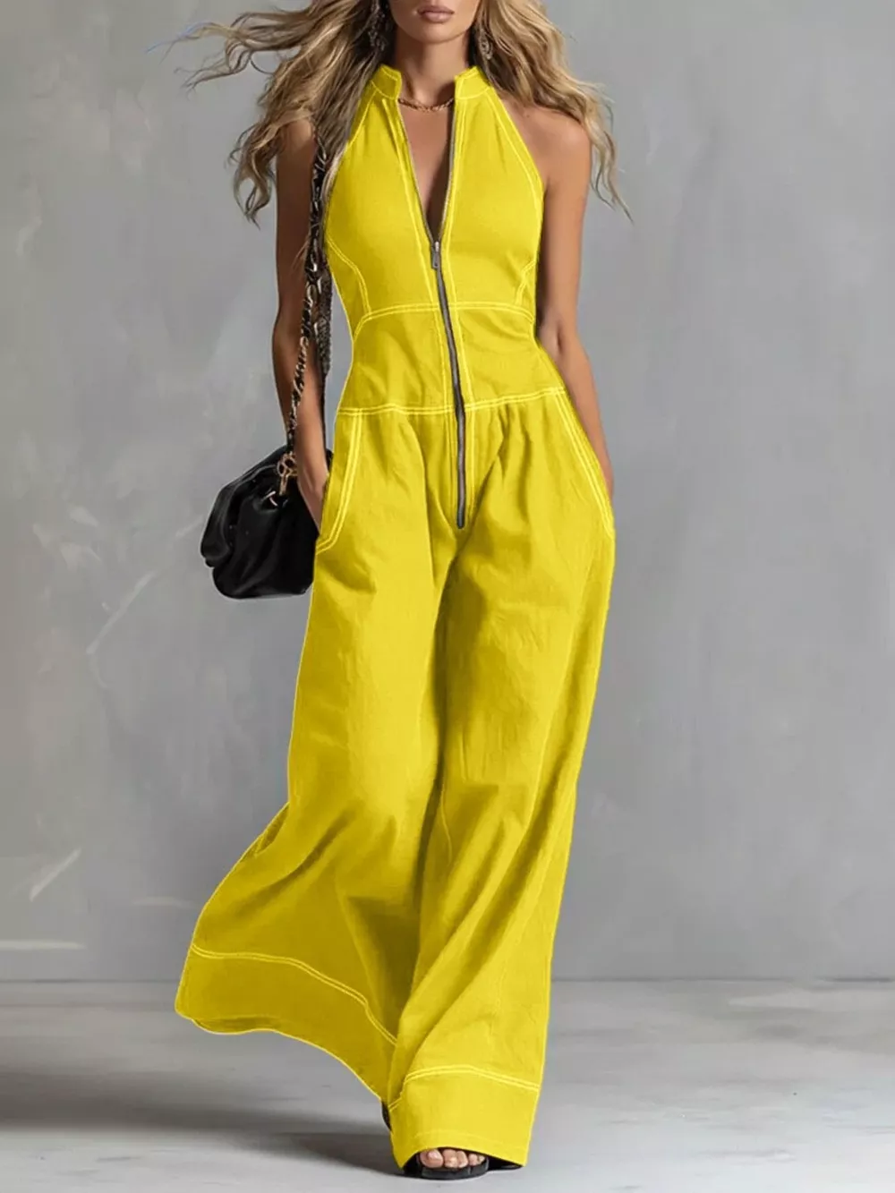 Zip Front Sleeveless Wide Leg Jumpsuit, image 9