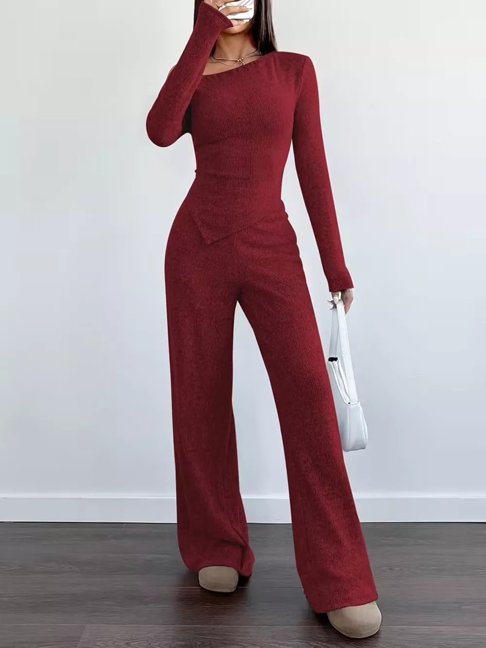 Chic One-Shoulder Asymmetrical Top and Wide-Leg Pants Set, image 11