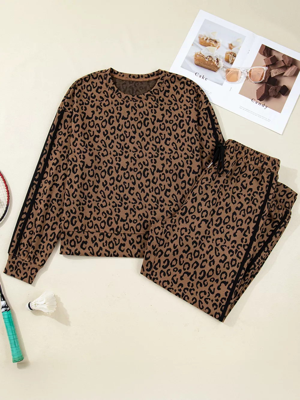 Striped Trim Leopard Long Sleeve Top Drawstring Pant Set, image 10