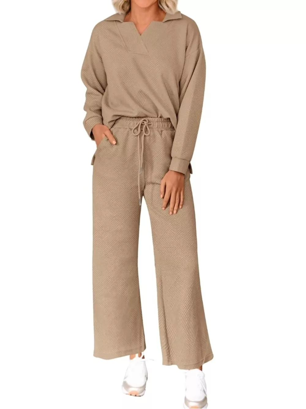 Side Slit Textured Top and Drawstring Pants Set, image 15