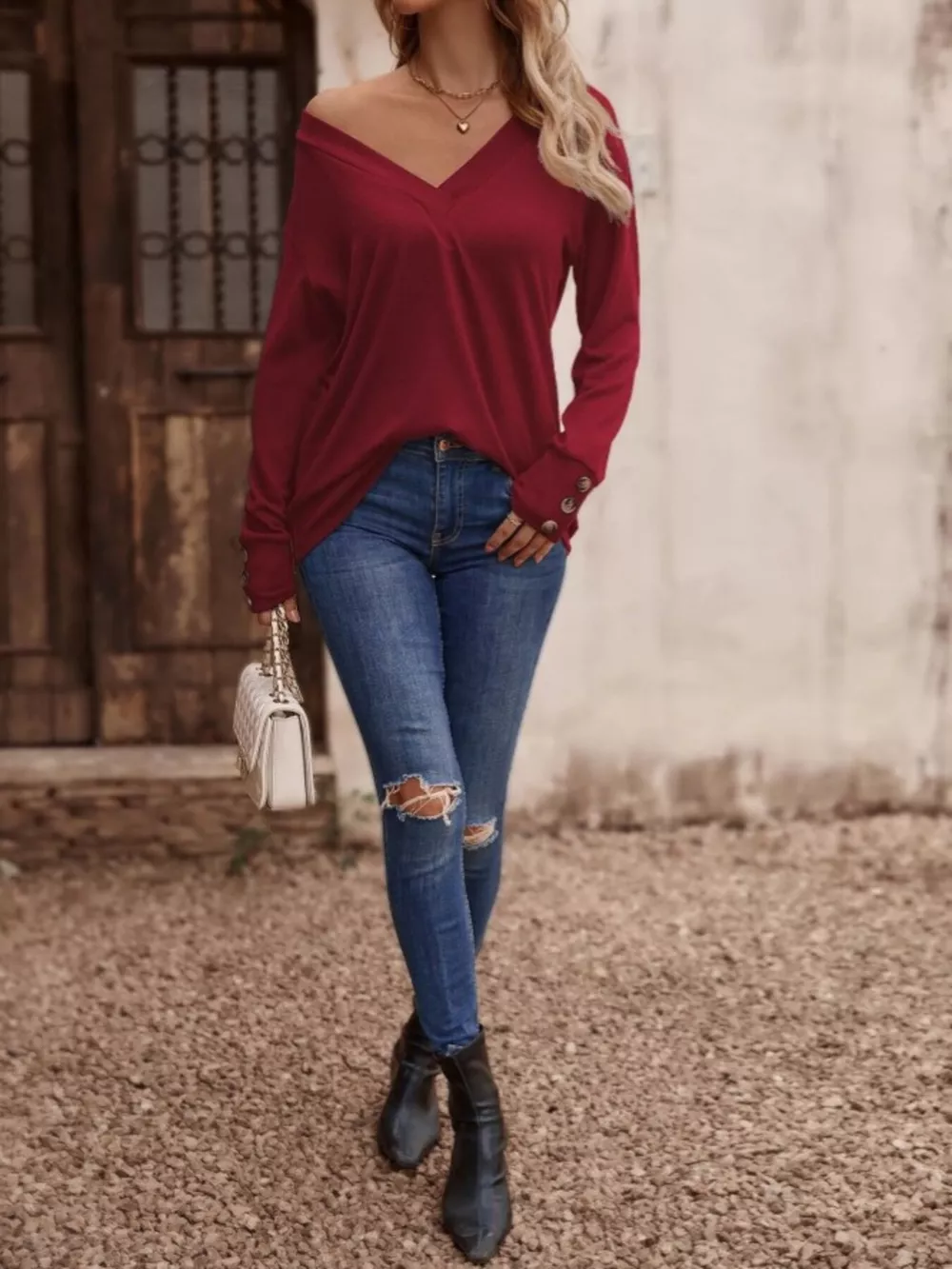 V-Neck Long Sleeve T-Shirt, image 6