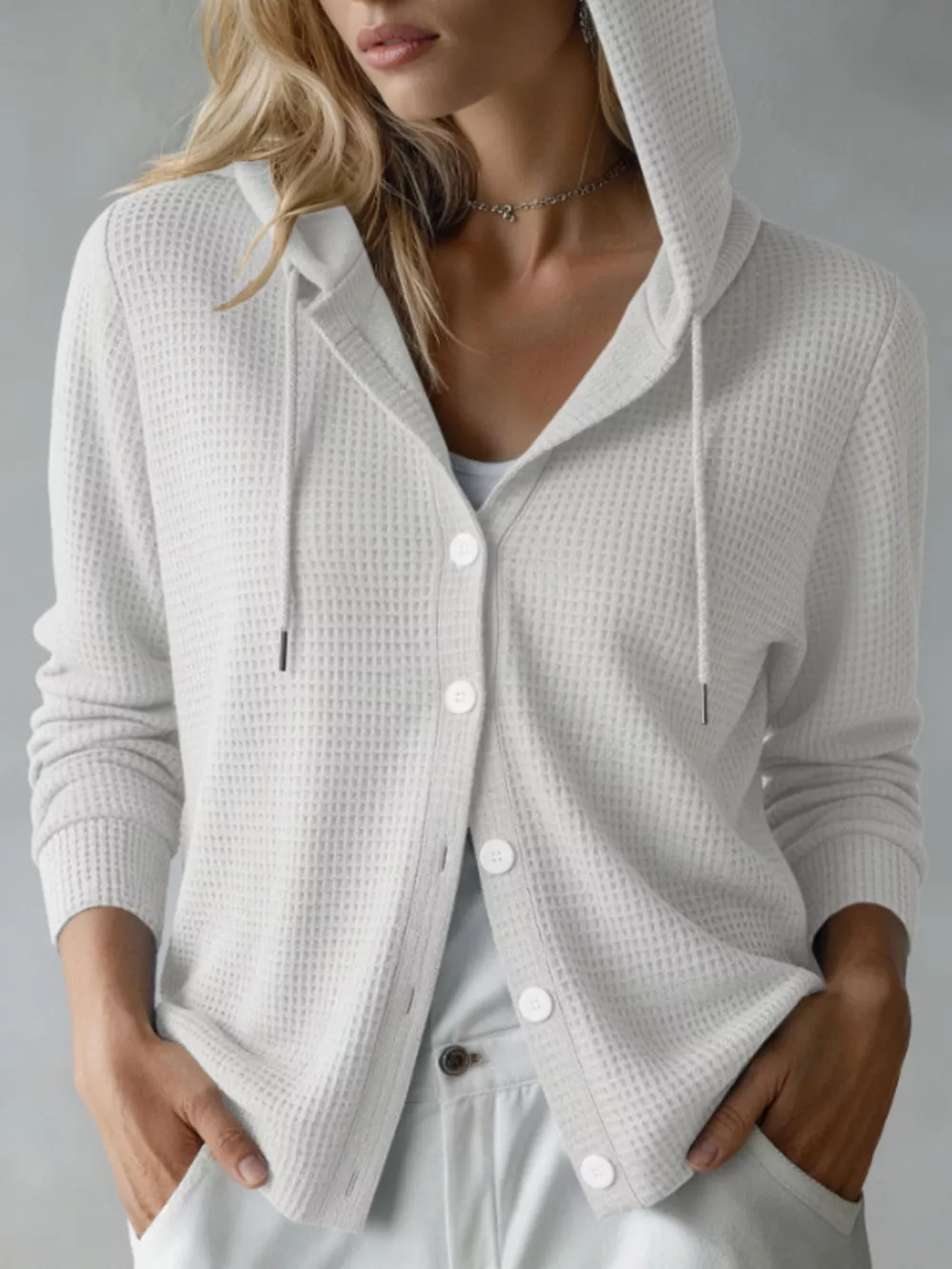 Waffle Knit Button-Down Hooded Cardigan, image 9