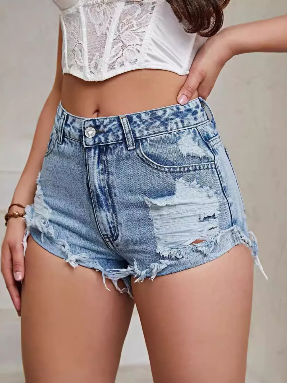 Distressed Raw Hem Denim Shorts, image 6