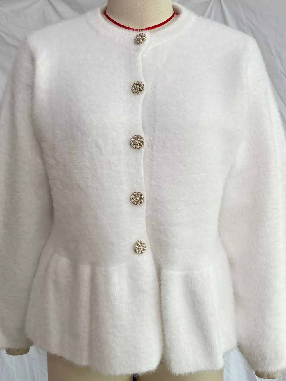 Fuzzy Peplum Cardigan with Pearl Buttons, image 6