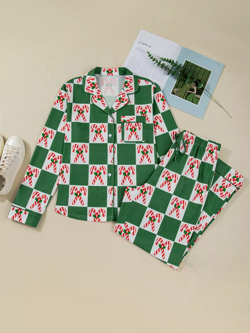 Candy Cane Checkered Pattern 2pcs Pajama Set, image 9