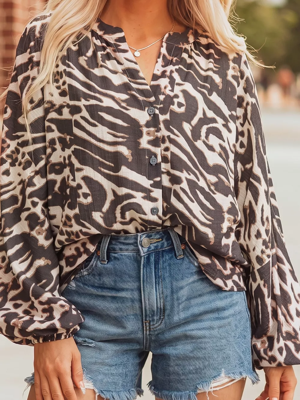 Leopard Print V Neck Button Down Balloon Sleeve Shirt