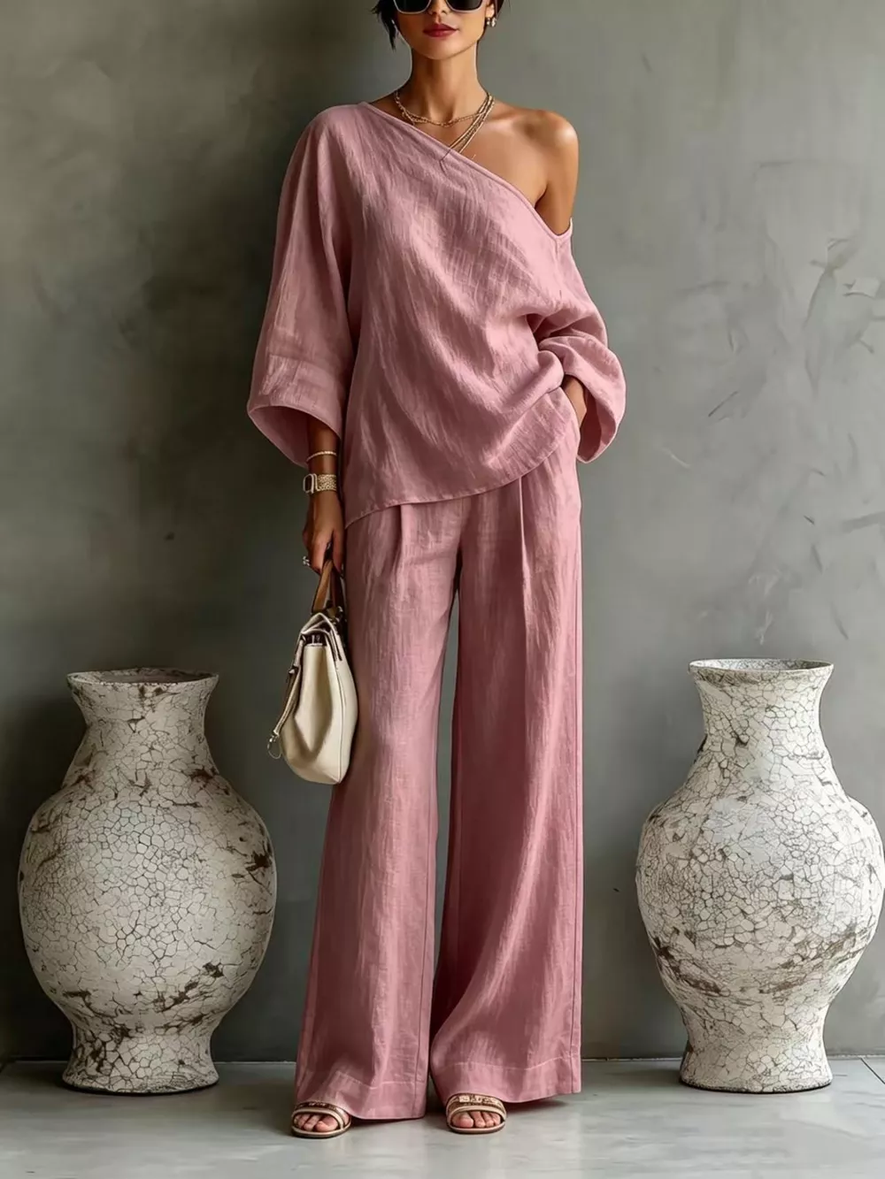 One Shoulder Top and Wide Leg Pants Set, image 9