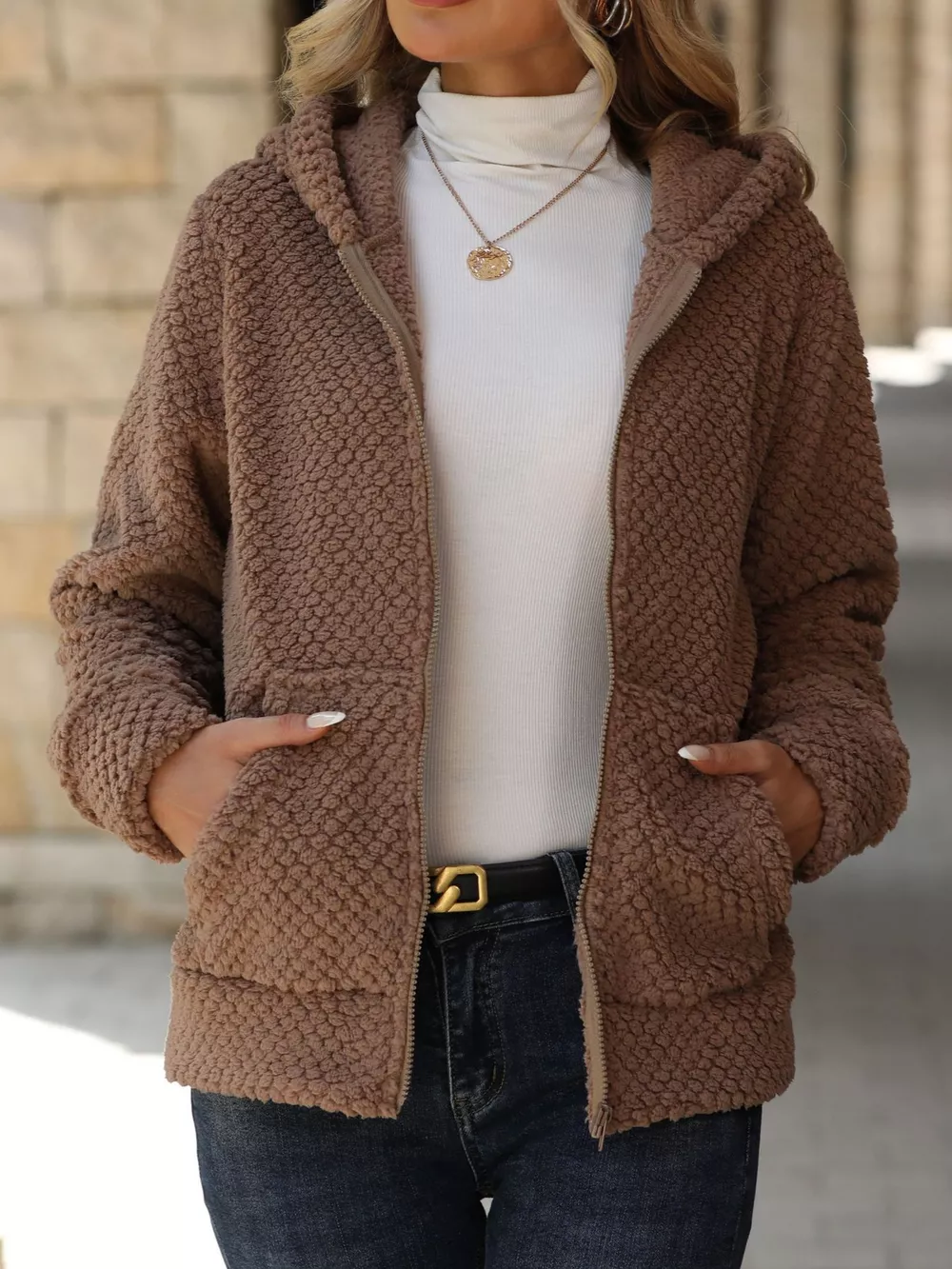 Textured Knit Zip-Up Hooded Outerwear, image 2