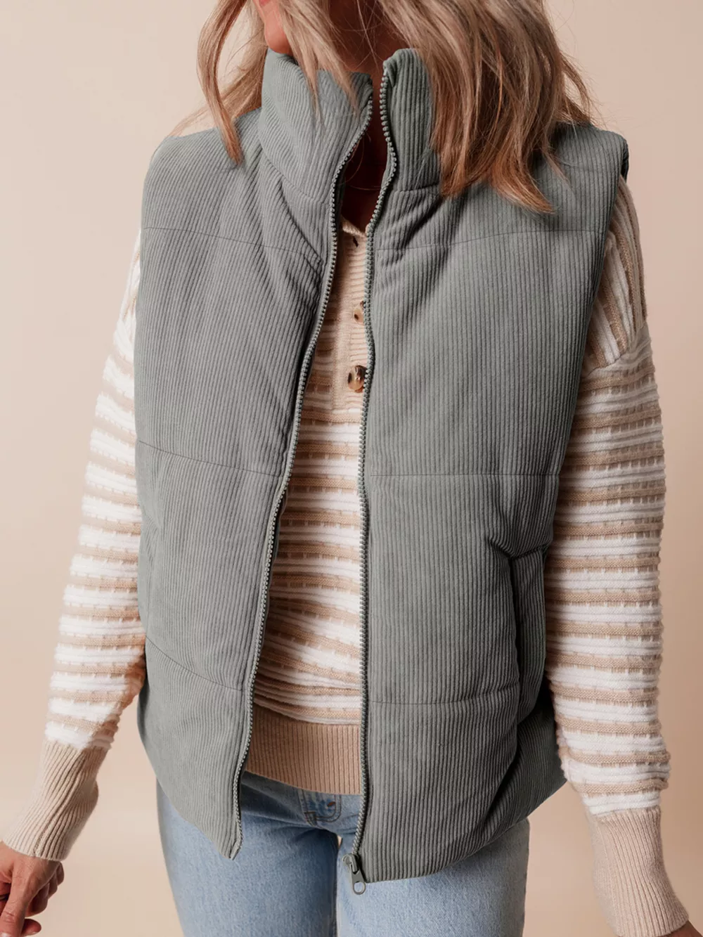 Corduroy Stand Neck Zipped Puffer Vest, image 11