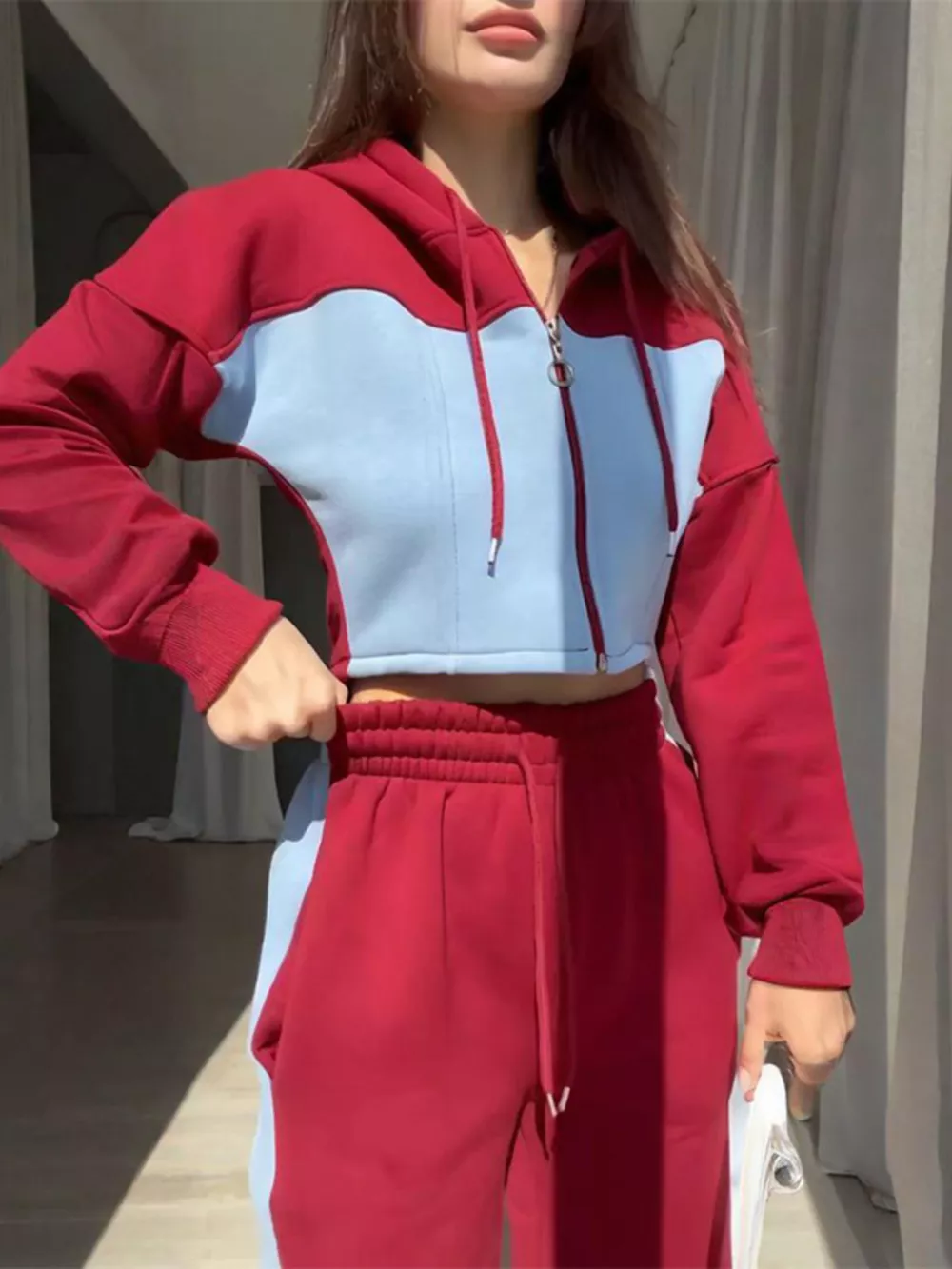 Color-Block Zip-Up Crop Hoodie and Joggers Set, image 7