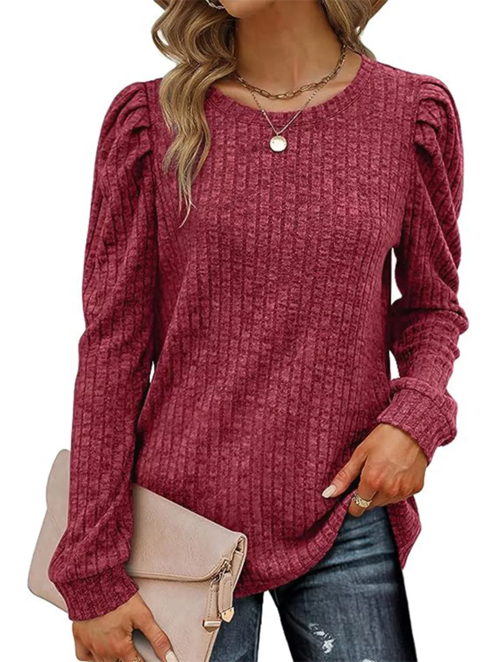 Ribbed Knit Top with Puff Sleeves, image 2